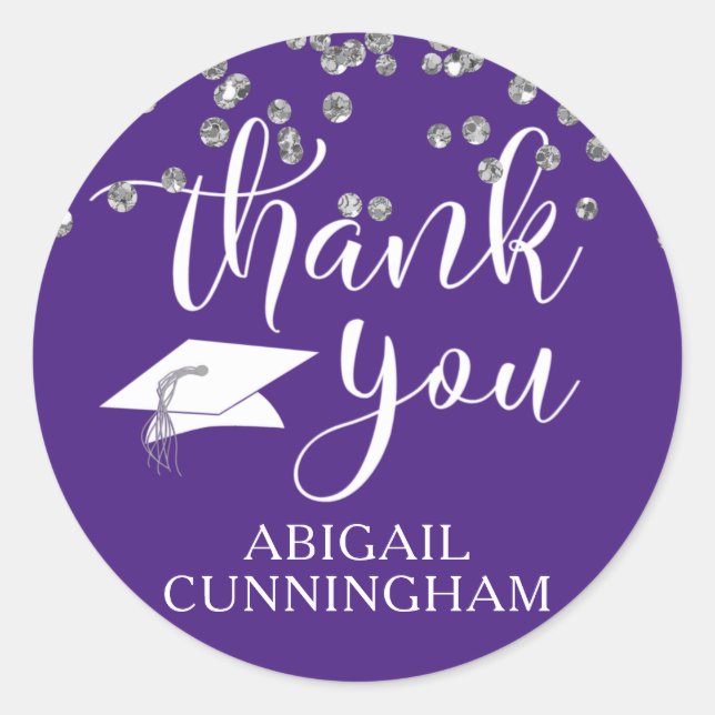 Graduation Purple Silver Confetti Script THANK YOU Classic Round Sticker (Front)