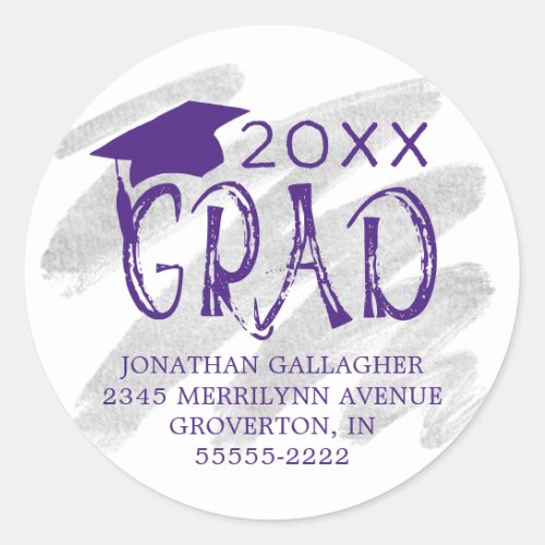 Graduation Purple Silver Grad Return Address Classic Round Sticker