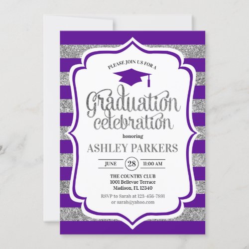 Graduation _ Purple Silver Stripes Invitation