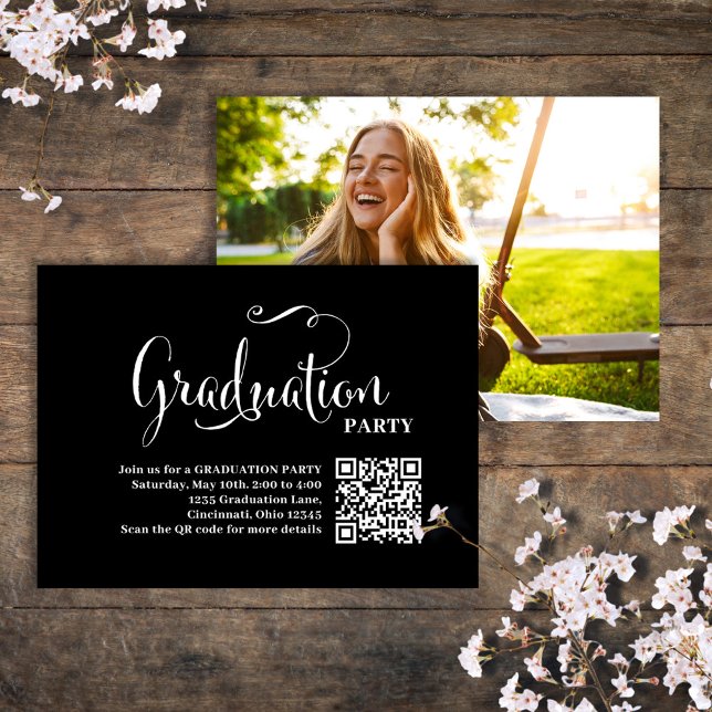Graduation QR Code Party Invitation Photo Insert  (Simple black and white Graduation photo Insert enclosure card. )