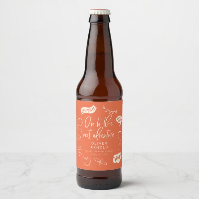 Graduation Quirky Doodle Next Adventure Orange Beer Bottle Label (Front)