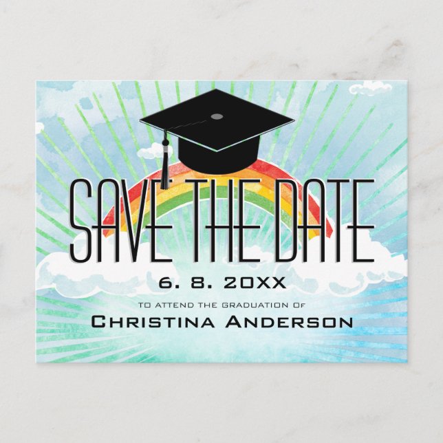Graduation Rainbow Save the Date Grad Cap Announcement Postcard (Front)