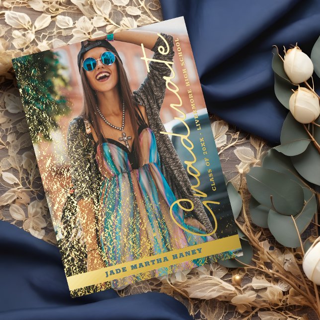 Graduation Real Golden Chic Fancy Romantic Photo  Foil Invitation (Graduation Real Golden Chic Fancy Romantic Photo Metallic Foil Invitation with Envelope. )