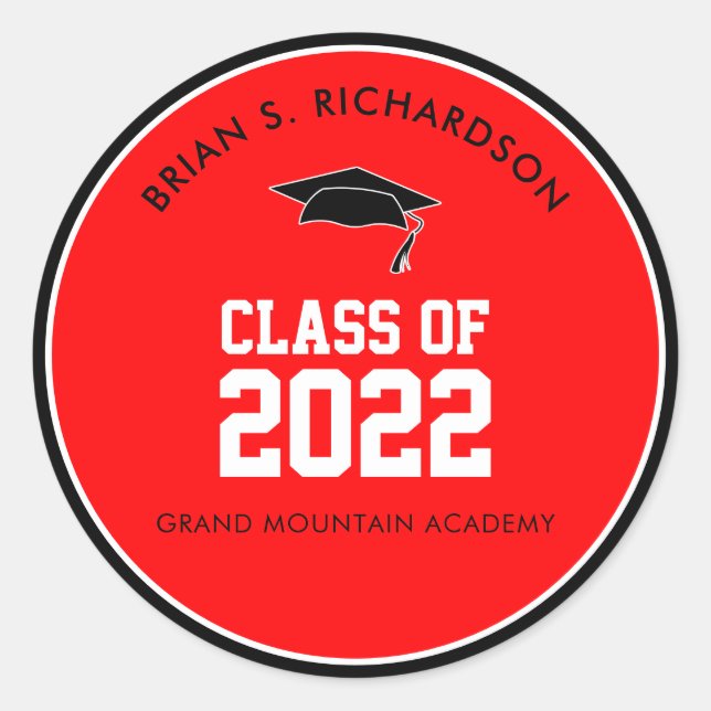 Graduation Red and Black Custom Classic Round Sticker (Front)