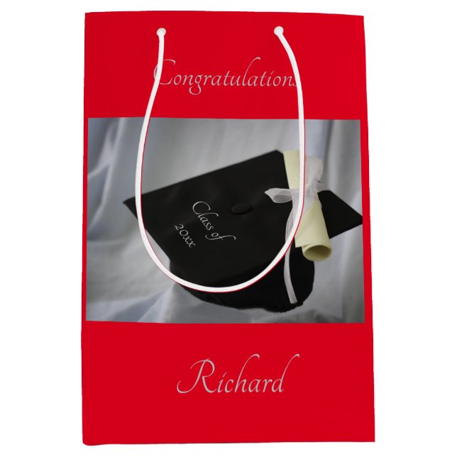 Graduation Red Cap & Diploma Personalized Medium Gift Bag (Front)