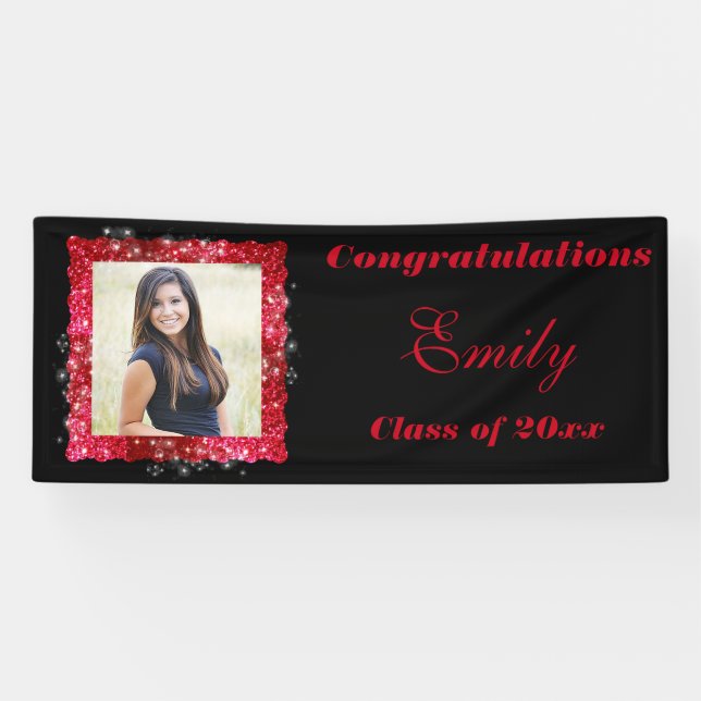 Graduation,  Red Glitter, Black, Sparkle, Banner (Horizontal)