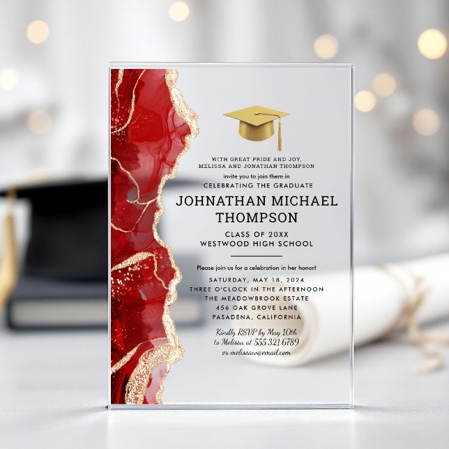 Graduation Red Gold Agate Graduation Acrylic Invitations (Creator Uploaded)