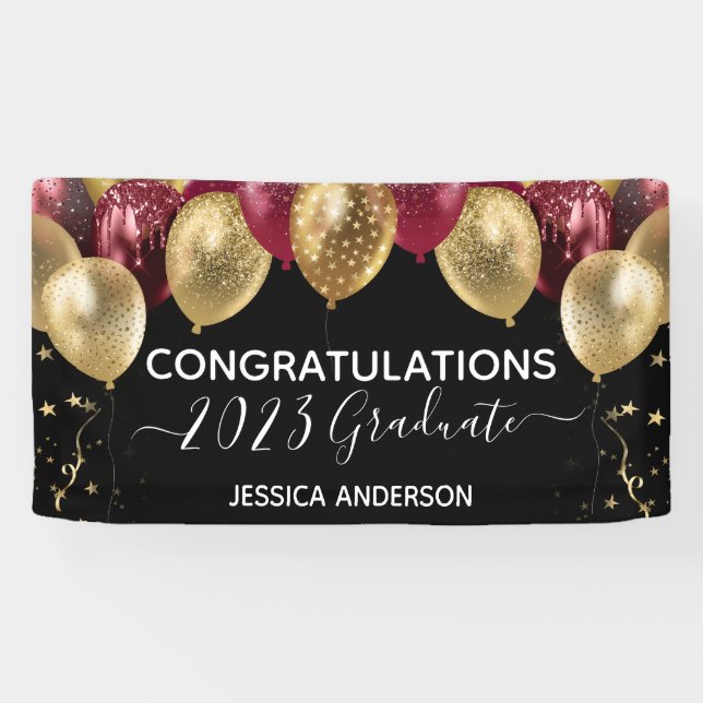 Graduation Red Gold Balloons Banner (Horizontal)