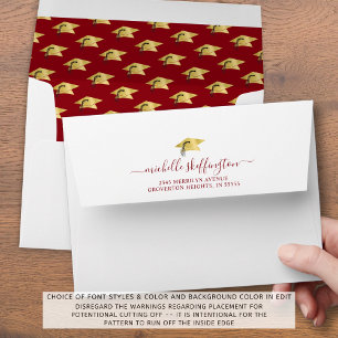 Graduation Red Gold Cap Pattern Return Address Envelope