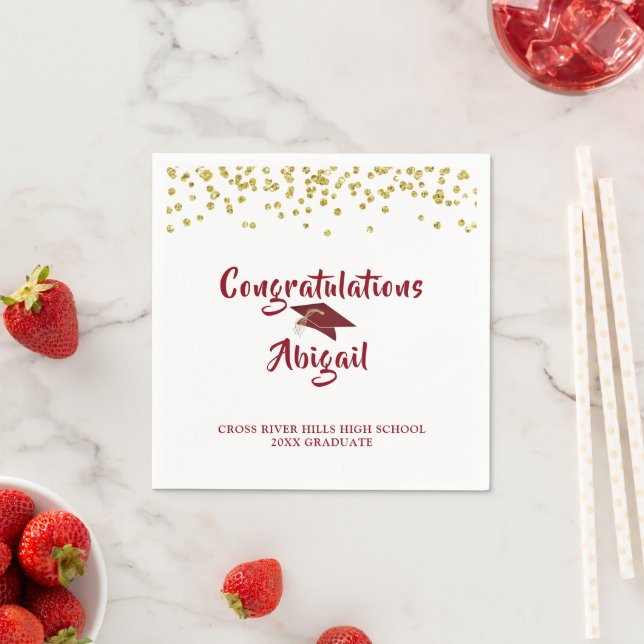Graduation Red Gold Confetti Brush Script Napkins (Insitu)