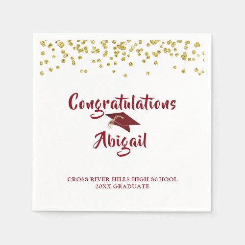 Graduation Red Gold Confetti Brush Script Napkins