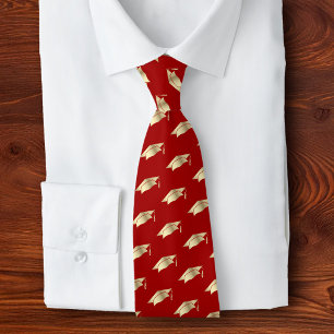 Graduation Red Gold Foil Cap Icon Pattern Minimal Neck Tie