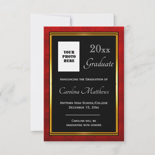 Graduation Red Gold Frame Black Graduation Announcement (Front)
