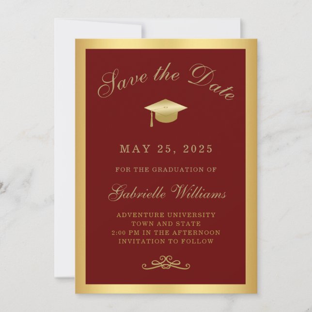 Graduation Red Gold Frame Save the Date Announcement (Front)