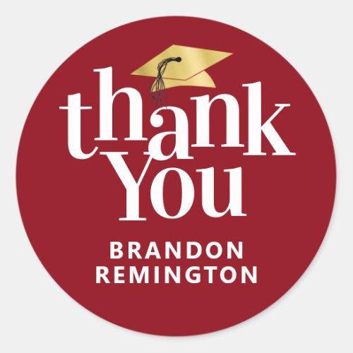 Graduation Red Gold THANK YOU Name Classic Round Sticker