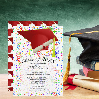 Graduation Red Grad Cap Diploma Confetti Party Invitation