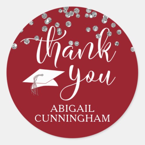 Graduation Red Silver Confetti Script THANK YOU Classic Round Sticker