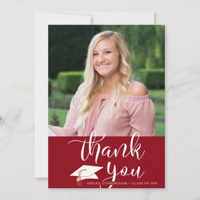 Graduation Red Thank You One Photo Script Card (Front)