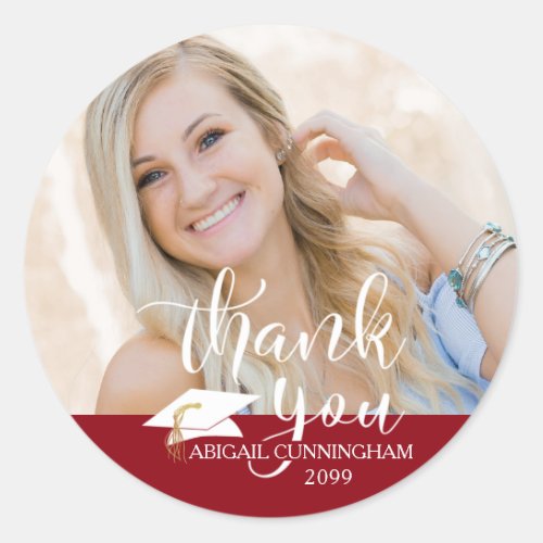 Graduation Red White Script Thank You Photo Class Classic Round Sticker