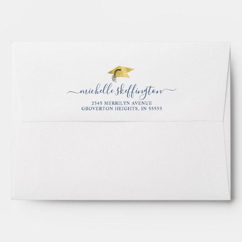 Graduation Return Address Blue Gold Cap Script Envelope