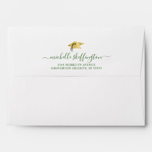 Graduation Return Address Green Gold Cap Script Envelope