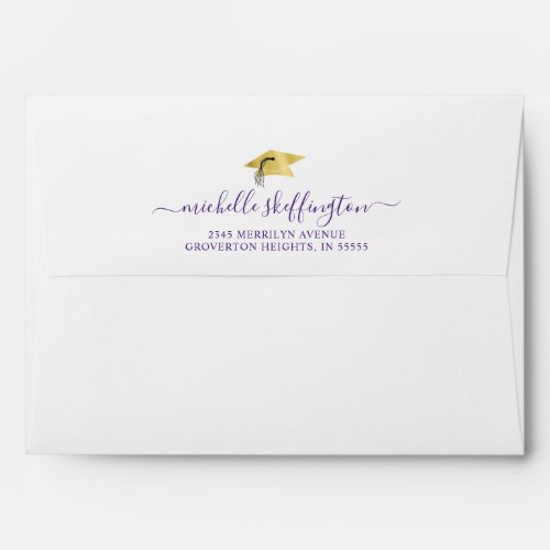 Graduation Return Address Purple Gold Cap Script Envelope