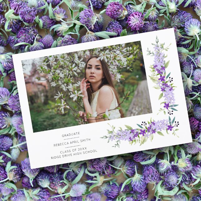 Graduation Romantic Purple Shades Flowers Photo Invitation (Creator Uploaded)