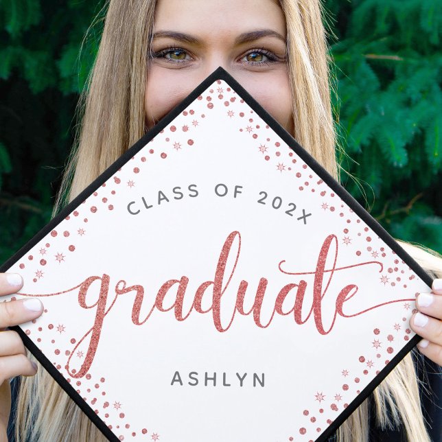 Graduation rose gold glitter dots & script custom graduation cap topper (Creator Uploaded)