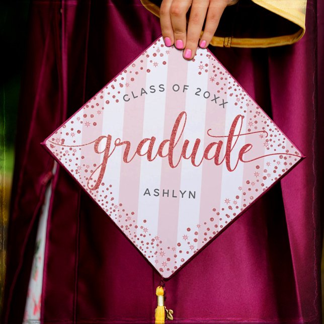 Graduation rose gold glitter dots & stripes custom graduation cap topper (Creator Uploaded)