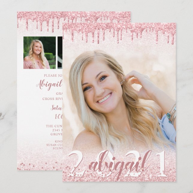 Graduation Rose Gold Glitter Drip Sparkle 4 Photo Invitation (Front/Back)
