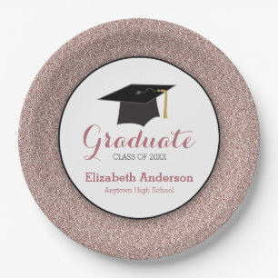Graduation Rose Gold Glitter Elegant Paper Plates