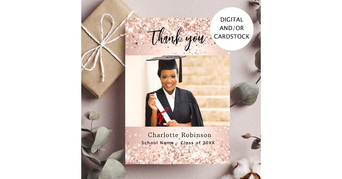 Graduation rose gold photo thank you card | Zazzle