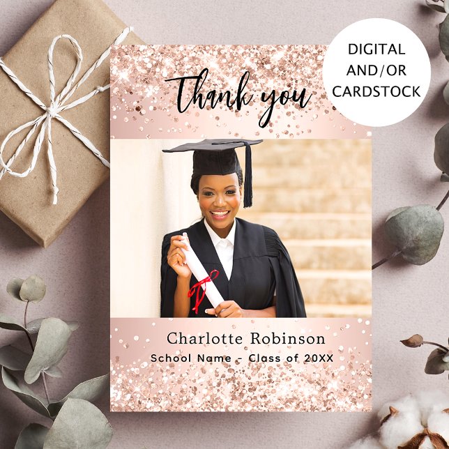Graduation rose gold photo thank you card (Creator Uploaded)