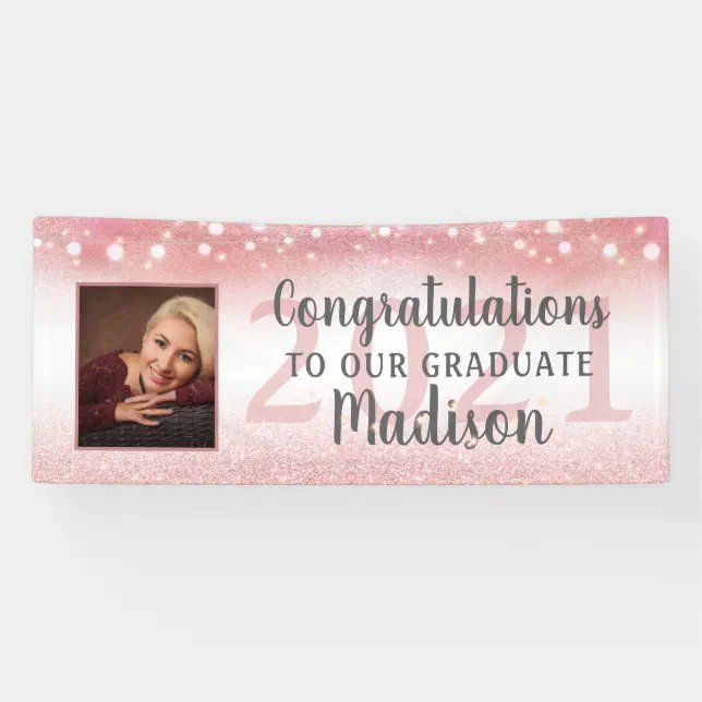 Graduation Rose Gold Pink Glitter Lights Photo Banner | Zazzle
