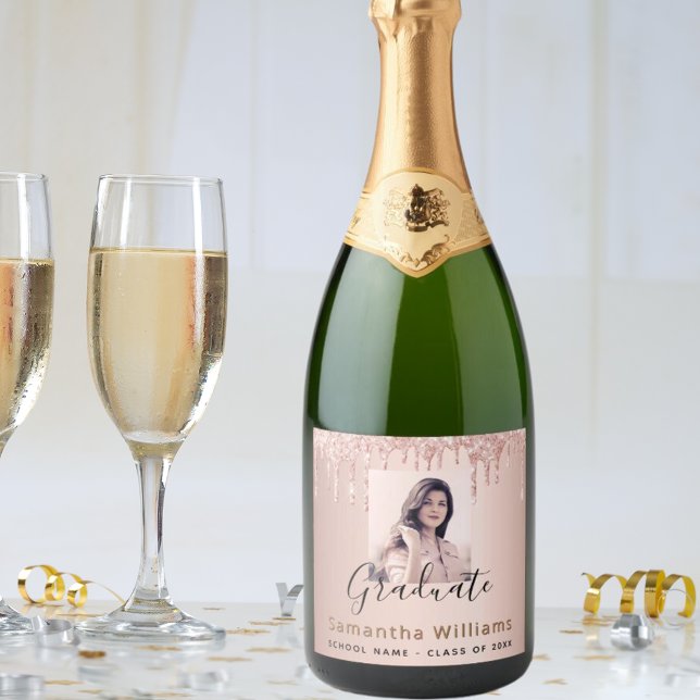 Graduation rose gold pink glitter photo 2026 sparkling wine label (Creator Uploaded)