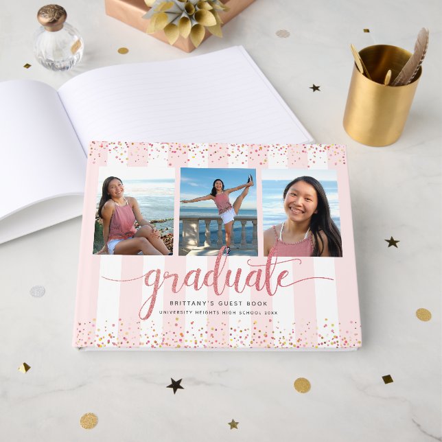Graduation rose gold script photo collage modern guest book (Front Open)