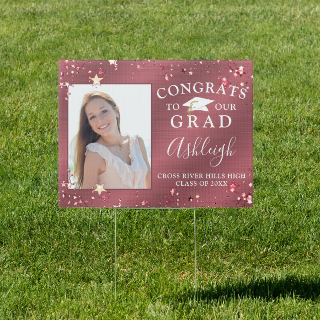 Graduation Rose Gold Shimmer Script Photo Stars Sign | Zazzle