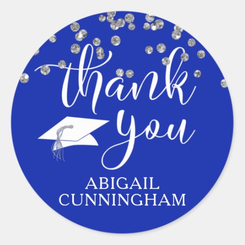 Graduation Royal Blue Confetti Script THANK YOU Classic Round Sticker