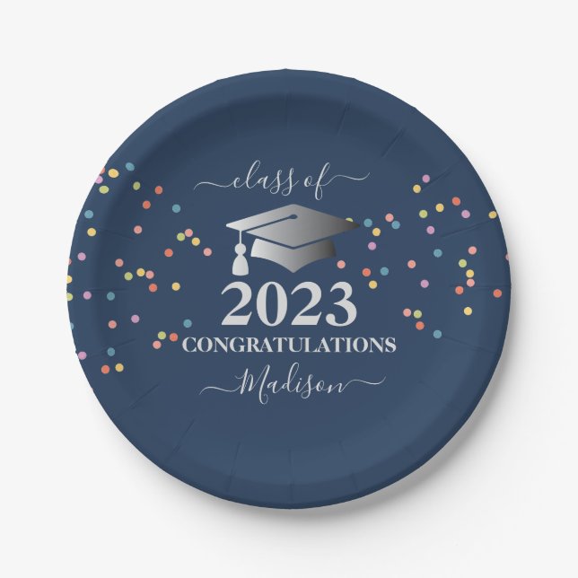 Graduation Royal Blue Confetti Silver initial Paper Plates (Front)