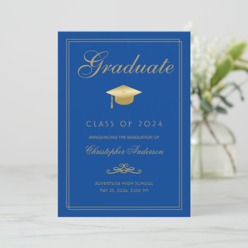 Graduation Royal Blue Gold Formal Script Grad Cap Announcement