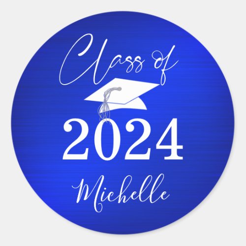 Graduation Royal Blue Script Cap Faux Metallic  Classic Round Sticker