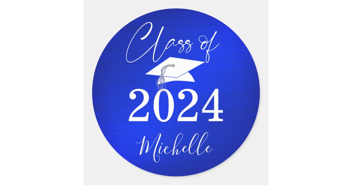 Graduation Royal Blue Script Cap Faux Metallic Classic Round Sticker ...