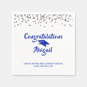 Graduation Royal Blue Silver Confetti Brush Script Napkins