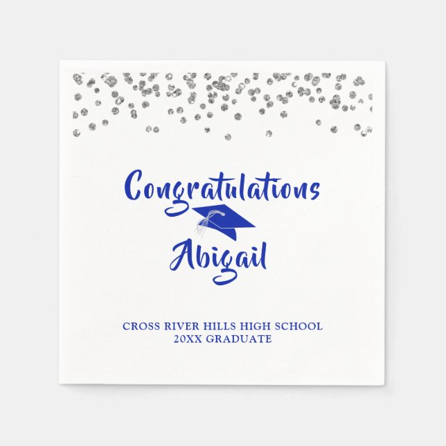 Graduation Royal Blue Silver Confetti Brush Script Napkins (Front)