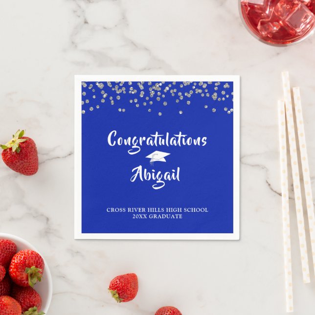 Graduation Royal Blue Silver Confetti Brush Script Napkins (Insitu)
