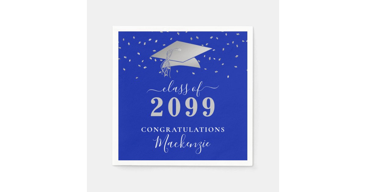 Graduation Royal Blue Silver Confetti Script Napkins | Zazzle