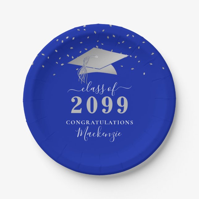 Graduation Royal Blue Silver Confetti Script Paper Plates (Front)