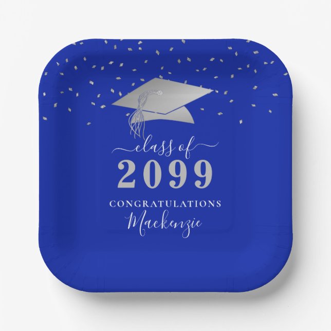 Graduation Royal Blue Silver Confetti Script Paper Plates (Front)