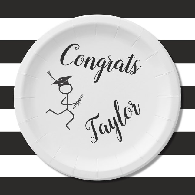 Graduation Runner © Running Grad White Black Text Paper Plates (Depiction of Front of Paper Plate)
