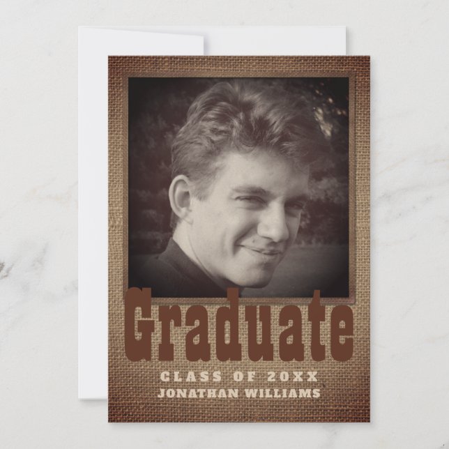Graduation Rustic Burlap Typography BW Photo Announcement (Front)